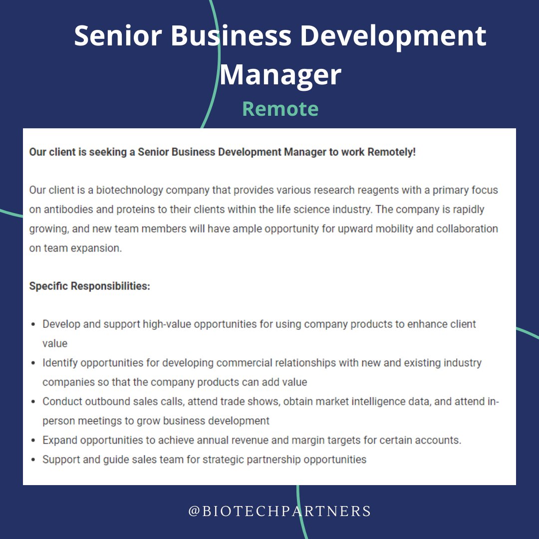 Biotech Partners On Twitter: "Are You Currently Looking For A Senior  Business Development Manager Role? Are You Willing To Work Remotely? If So,  Click The Link Below To View The Full Job