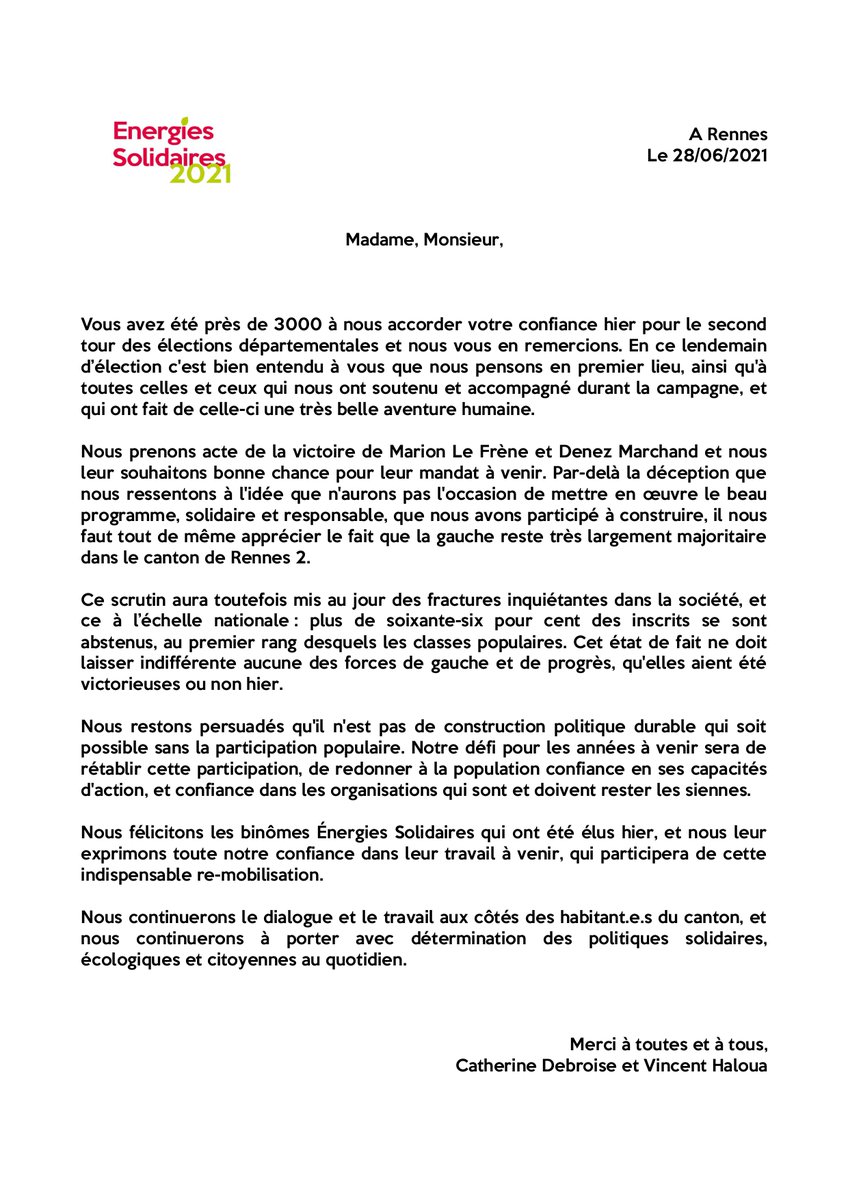 Merci aux 2949 personnes qui nous ont fait confiance, bonne chance à tous les élu.e.s Énergies Solidaires pour leur nouveau mandat.

Merci à celle et ceux qui ont participé à faire de cette campagne une belle aventure humaine.

<a href="/esolidaires35/">EnergiesSolidaires2021</a> #EnergiesSolidaires35 #Rennes
