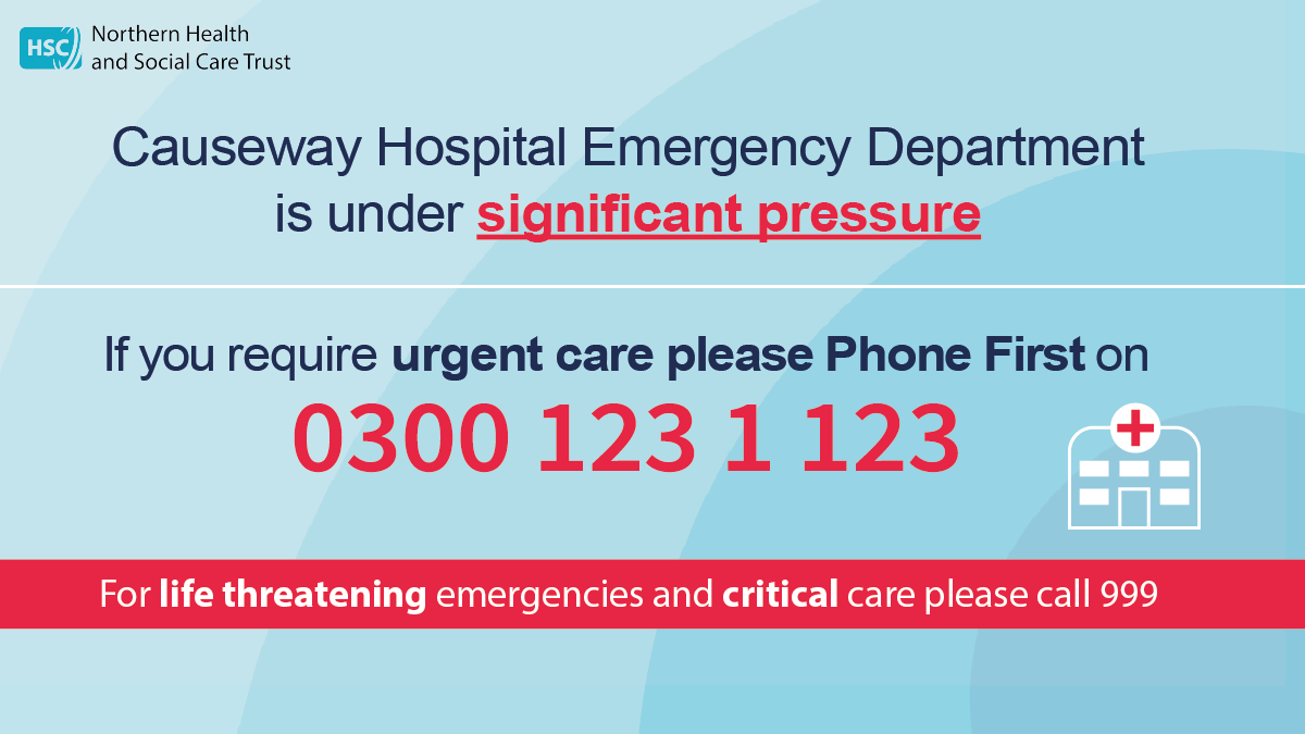 NHSCTrust's tweet photo. Causeway Hosp ED is experiencing significant pressure.
If you require urgent care please #PhoneFirstNI on 0300 123 1 123 or use the Interpreter Now App.
If your condition is life threatening please call 999. https://t.co/DMQIVigLdF