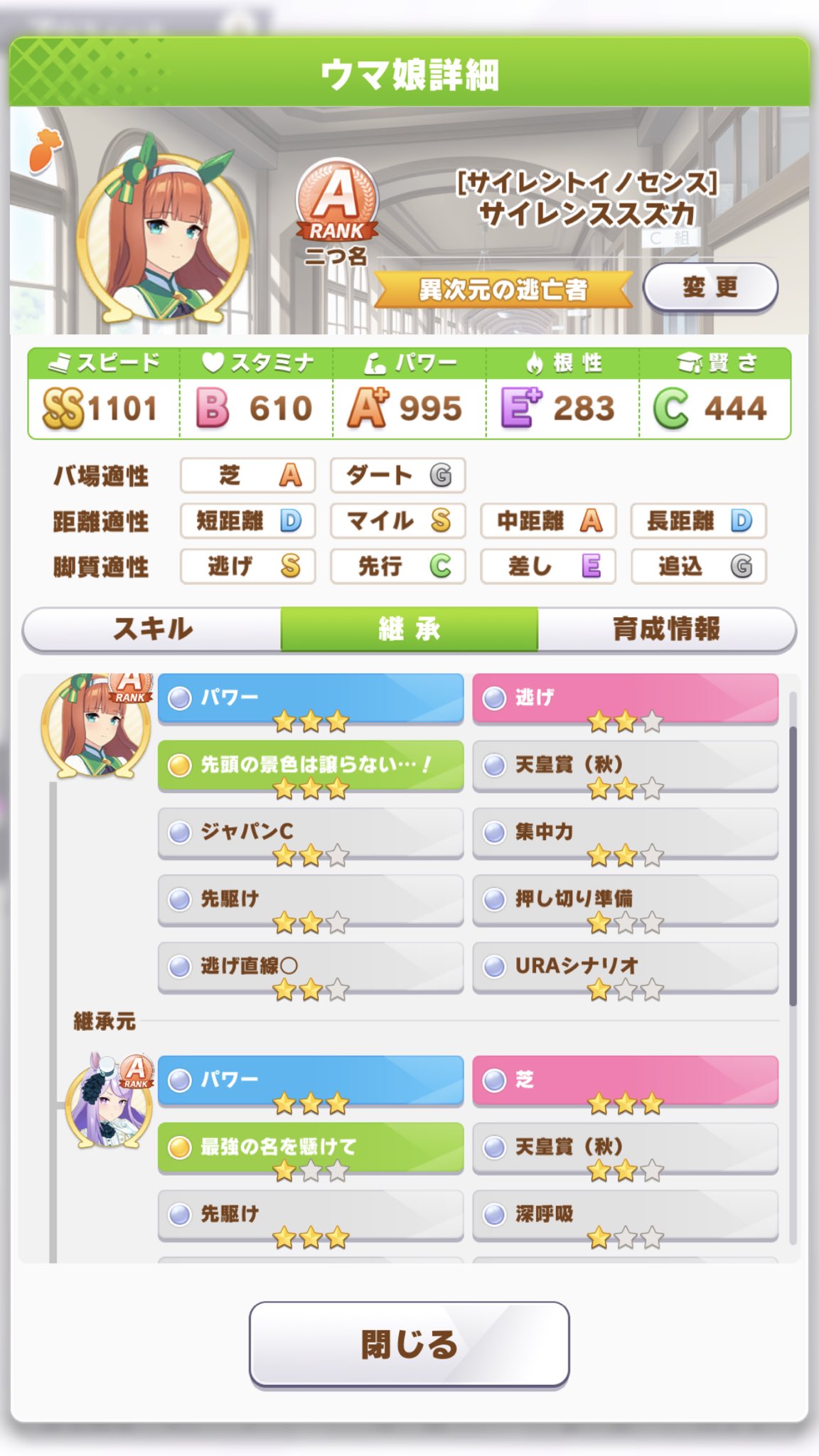 Ryo 代表ウマ娘変更しました サイレンススズカ パワー9固有3セイウンスカイ固有2逃げ2芝3長距離2地固め1ura4 今流行りの地固めが付いたパワー9です 逃げ長距離因子も付いているのでミホノ マックイーン 逃げライスなど多種にわたって使えると思います