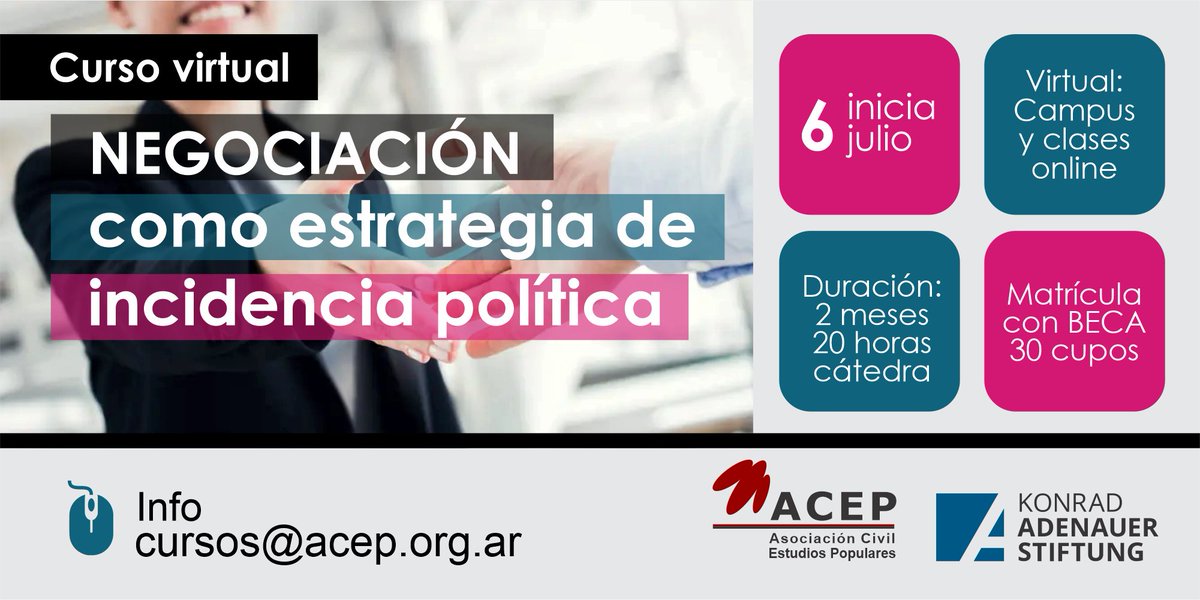 acepnacional's tweet photo. Nueva capacitación junto a la @KAS_Argentina  NEGOCIACIÓN COMO ESTRATEGIA PARA LA INCIDENCIA POLÍTICA
✅ Inicia: martes 6 de julio
✅ Duración: 8 semanas
🔴 30 becas
🔴 Dirección académica: @MariselChemez @LgSanchez 
+info para aplicar✍️ https://t.co/MZqjbb2RWo https://t.co/I3f1AoMmTd