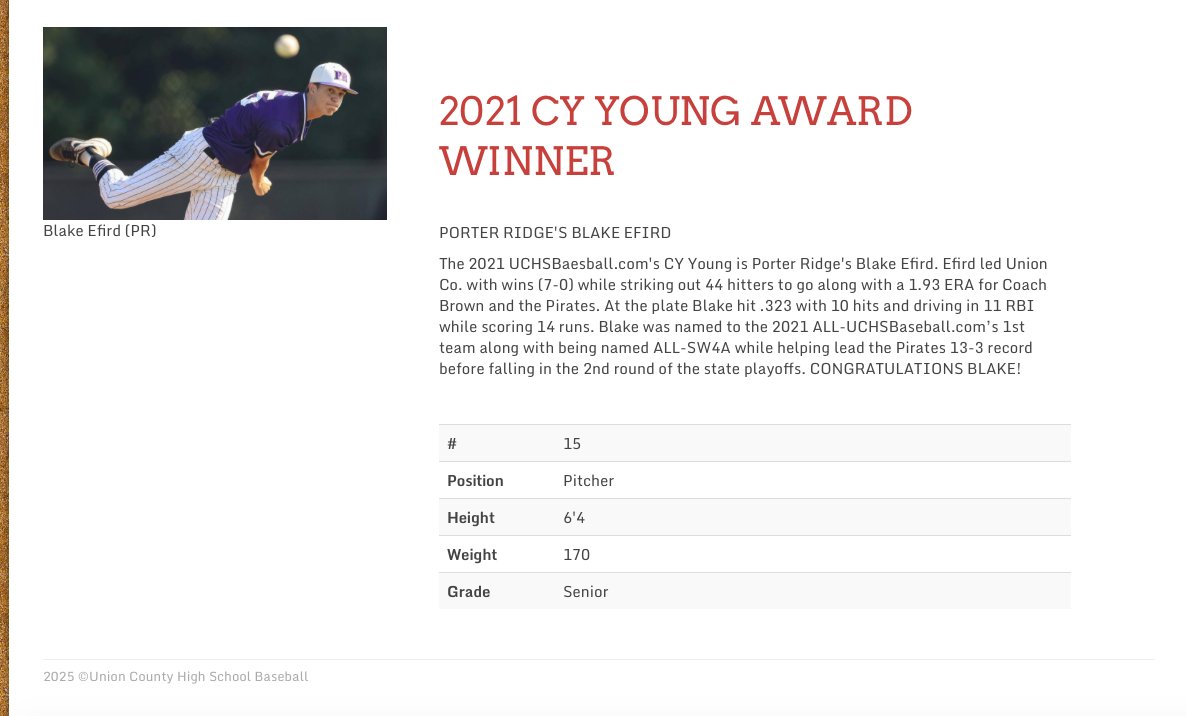 The 2021 UCHSBaseball.com's Cy Young is 
Porter Ridge's Blake Efird! 
<a href="/PRbaseball_/">Porter Ridge</a> <a href="/PorterRidgeHSNC/">Porter Ridge High School</a> <a href="/PorterRidgeBsb/">Pirate Basebll ⚾️☠️</a>
 <a href="/steveefird/">Steve Efird</a> <a href="/theefirds/">Heather</a> <a href="/ShaneBrown_1/">Shane Brown</a>
 UCHSBaseball.com