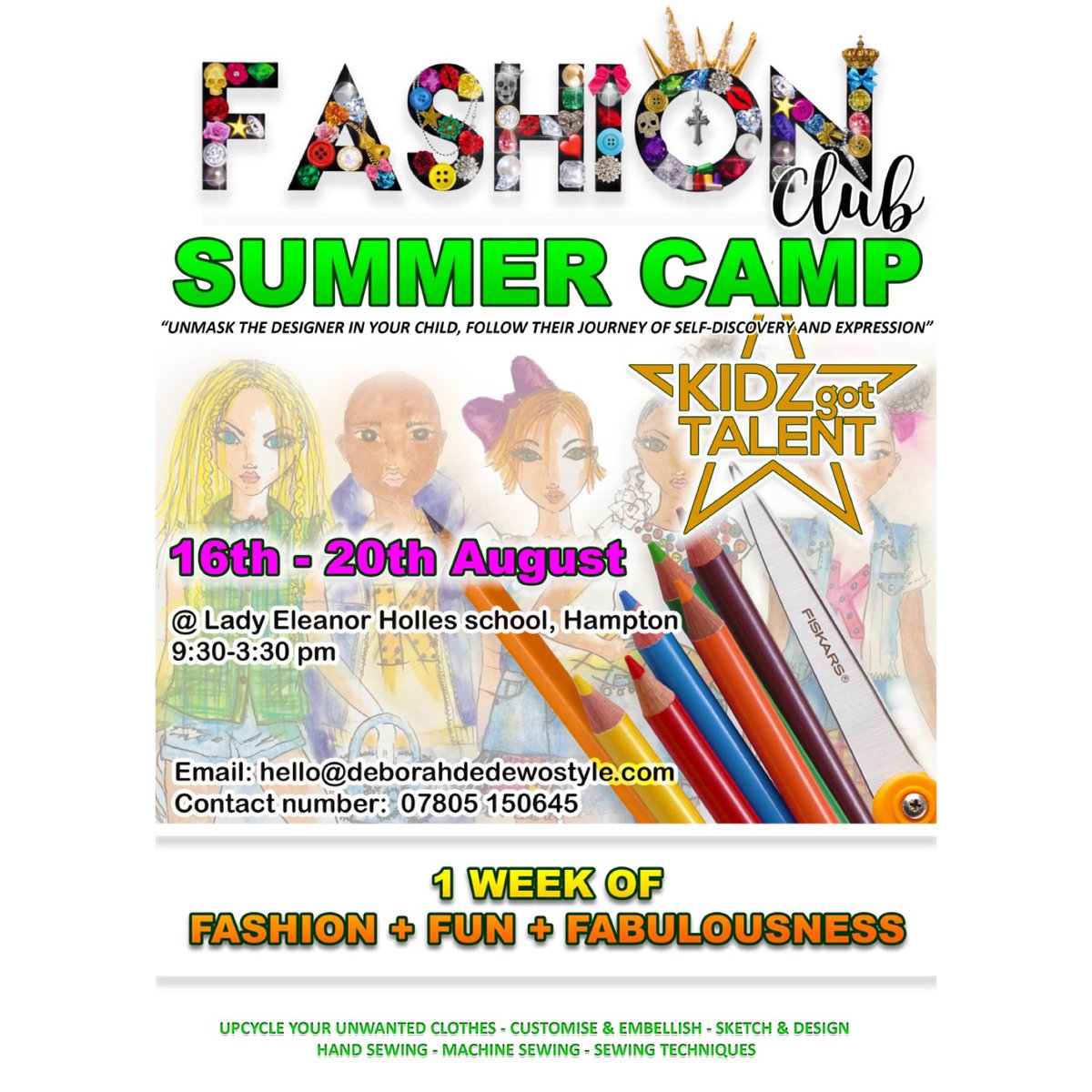 FashionDSClub's tweet photo. COST:  £60 per day - Please book &amp; pay by 16th July. 
EARLY BIRD OFFER - £50 per day if booked before 2nd July. 
AGE:  7+
#summercamp #surreysummercamp #fashionclub #fashion #kids #recycledclothing #creativekids #hampton #kingstonuponthames #surrey #surreyschools @LEHSchool https://t.co/qaQf3glDcR