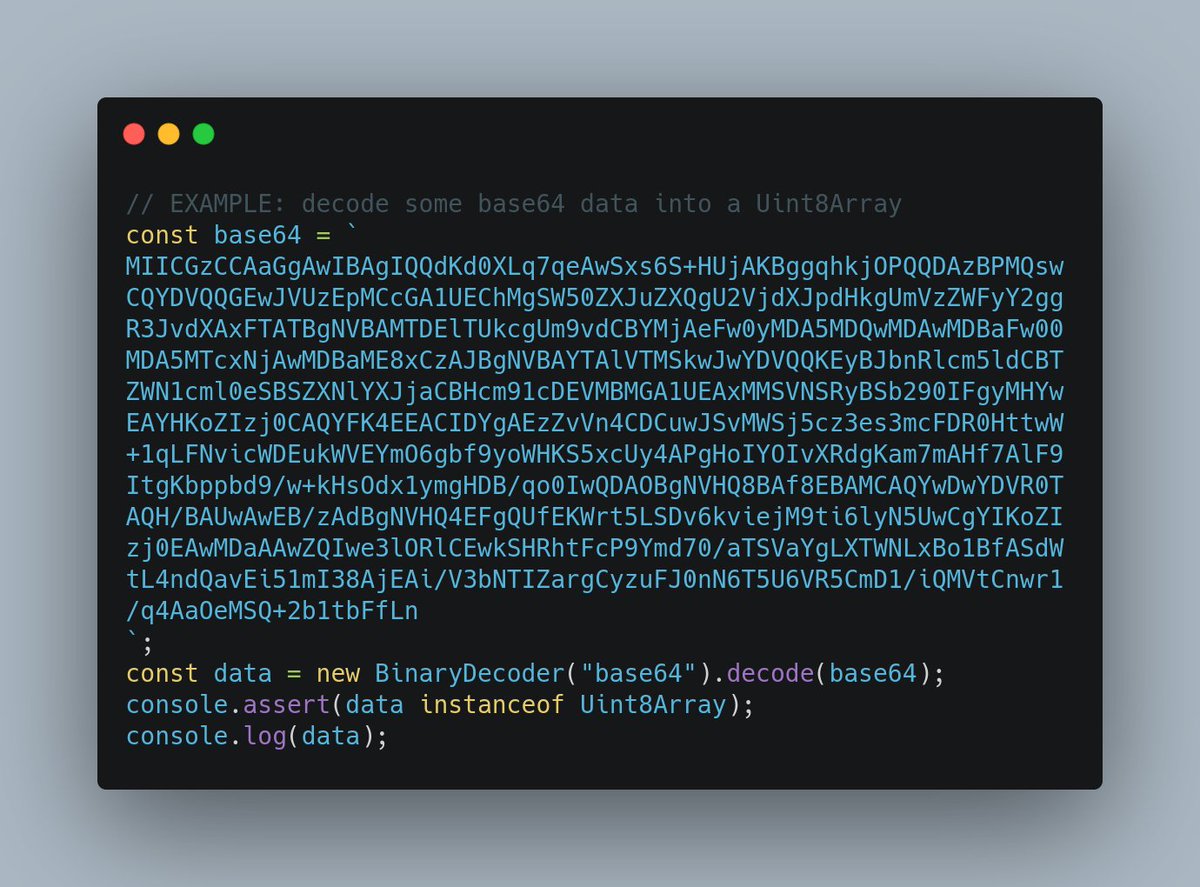 Ever been frustrated by the web's lack of native support for {en/de}coding of raw data to/from base64/hex? I am proposing the addition of a new `BinaryDecoder` and `BinaryEncoder` API to add support this common use case right in the web platform. ➡️ github.com/lucacasonato/p…