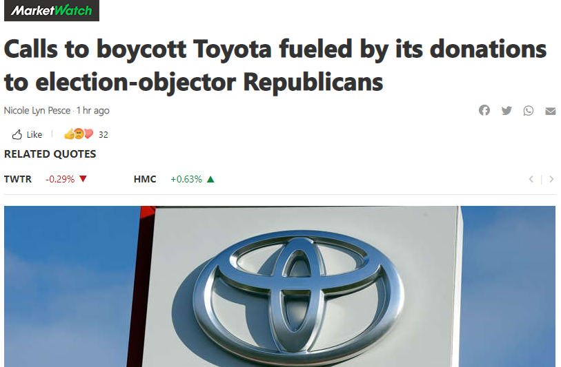 Revwendyvon's tweet photo. Dang right! @Toyota "customers are going places, all right — a recent report on the Japanese auto maker’s political donations is driving critics to competitors like Honda and Subaru" #defundBergman https://t.co/aKHZxQhXuT