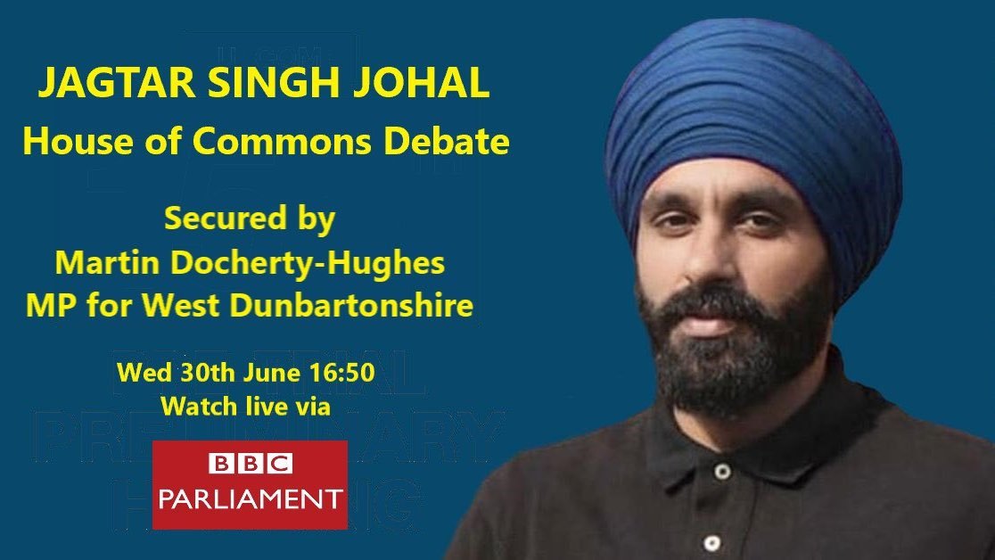 SikhPA's tweet photo. * #FREEJAGGINOW PARLIAMENT DEBATE *

This Wednesday (30.06.21) a debate has been organised by @MartinJDocherty to discuss the ongoing plight of his constituent #JagtarSinghJohal, who has been arbitrarily imprisoned in India for near four years without being convicted of a crime. https://t.co/gGklAoMrwe