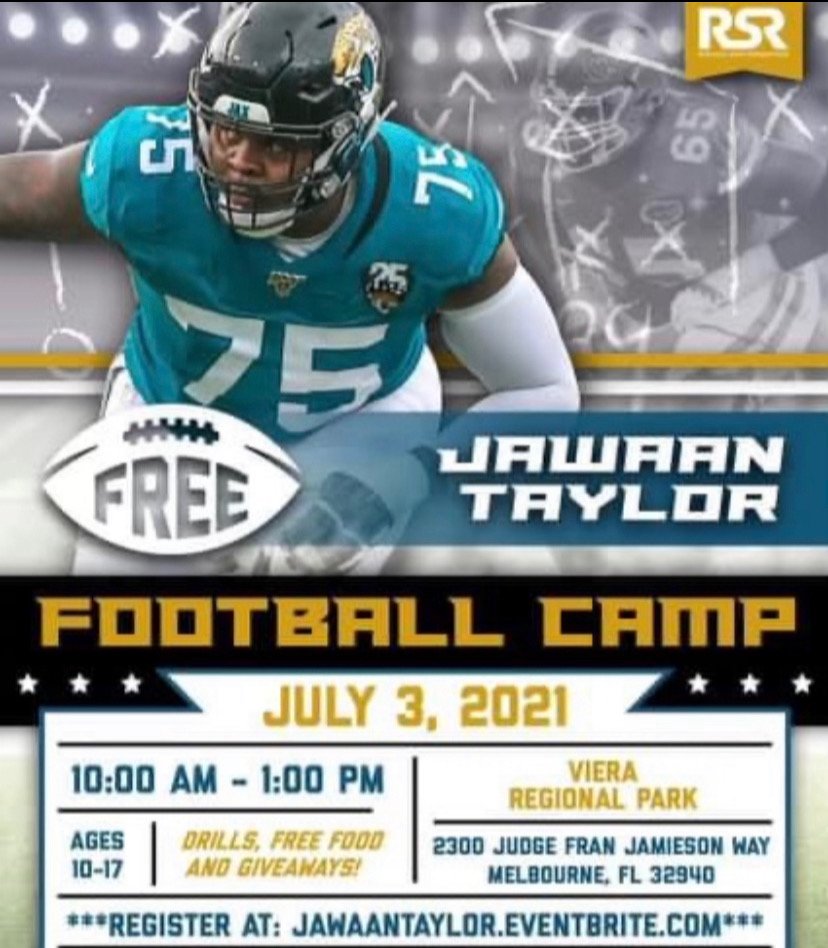 raefsu23's tweet photo. Jawaan Taylor Football Camp 7.3.21 at Viera Regional Park. FREE AGES 10-17 #JawaanTaylor #JT75 #FootballCamp #FreeCamp https://t.co/zy1tPOMVTf