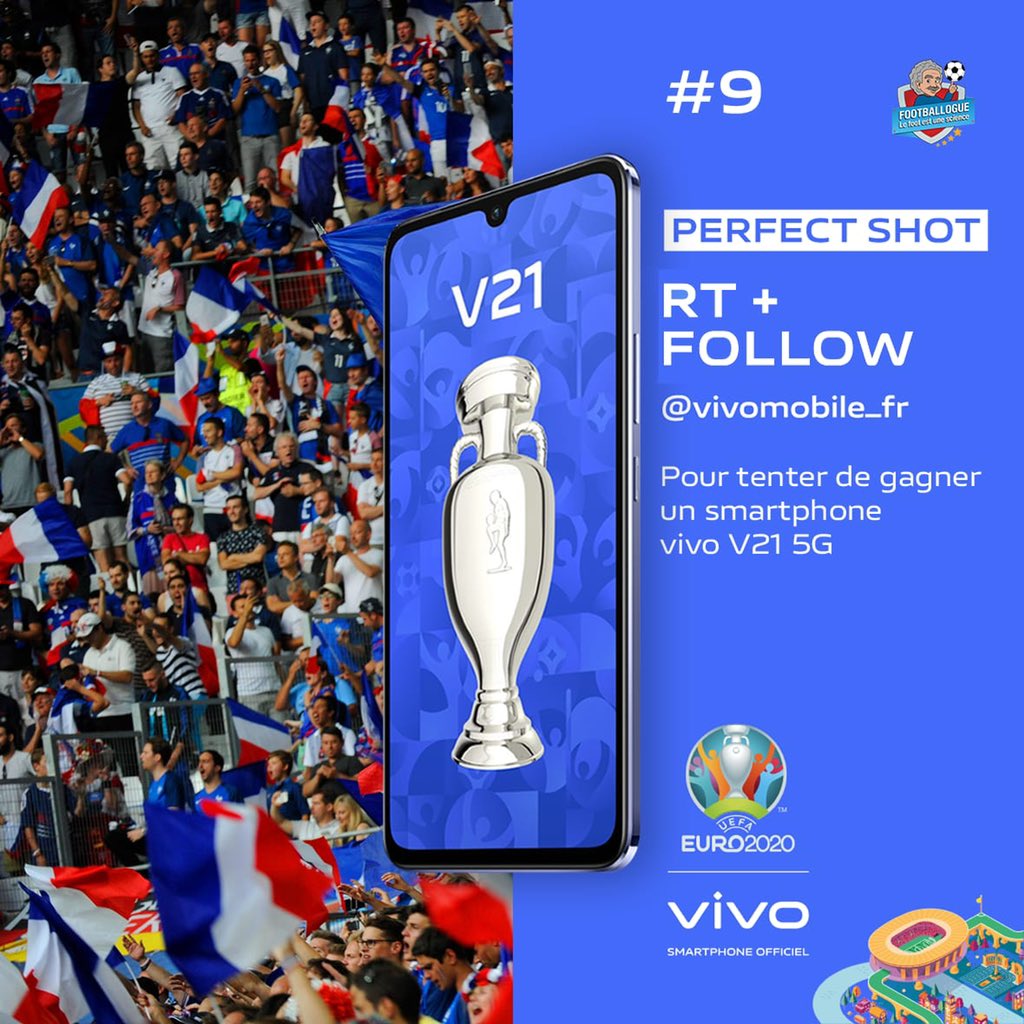 Footballogue's tweet photo. [#EURO202O] 🎁 Tentez de gagner le smartphone officiel de l’EURO avec vivo !

📱 1 Smartphone vivo V21 5G à gagner. 
Il est doté d’une caméra arrière de 64 MP avec stabilisation optique pour ne manquer aucune de vos photos.

🔁 RT + FOLLOW @vivomobile_fr https://t.co/2A8B5n8FhC