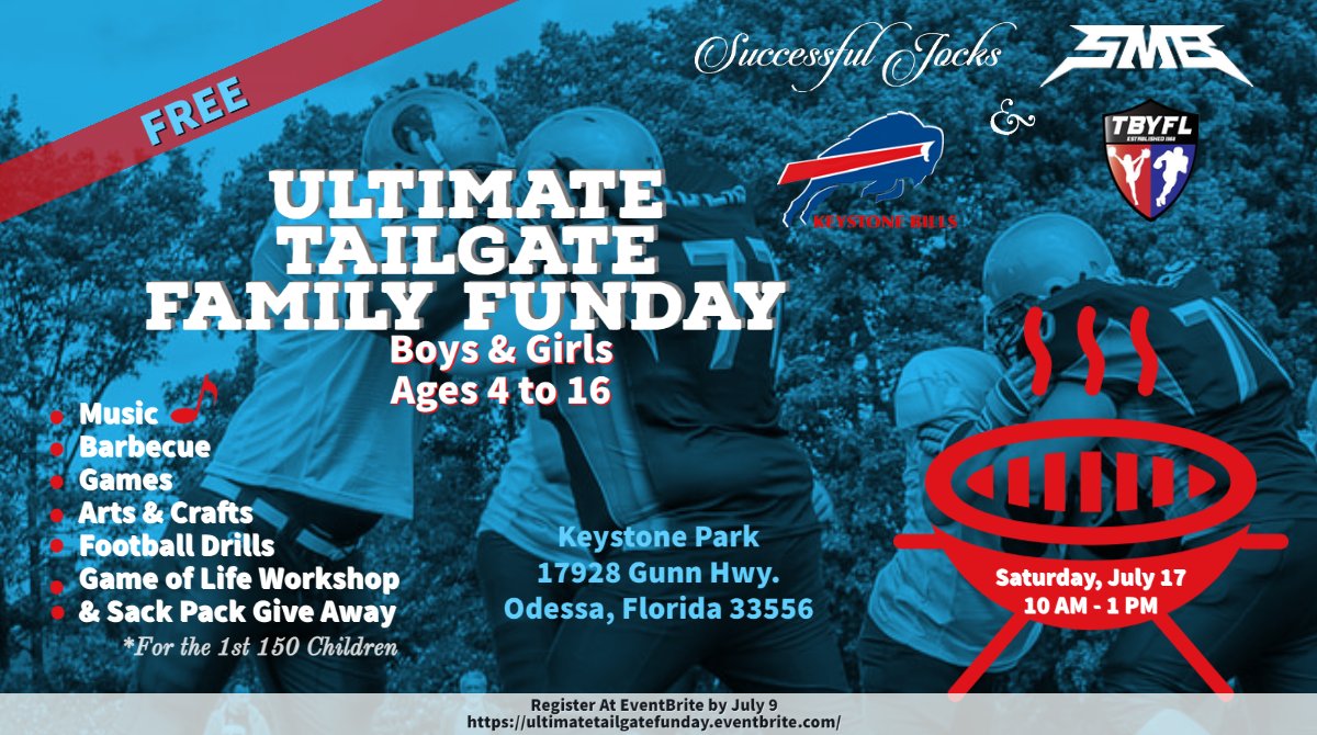 SuccessfulJocks's tweet photo. π’On Sat, July 17 from 10AM-1PM @SuccessfulJocks, #SMB, Keystone Bills & #TampaBayYouthFootballLeague will host the Ultimate Tailgate Family Funday for kids 4-16, a #Free event at #KeystonePark in Odessa. π
REGISTER ππΎhttps://t.co/lhUWmPZDYn
#football #fun #Tampa @seanbunting_ https://t.co/J89yhGLnOU