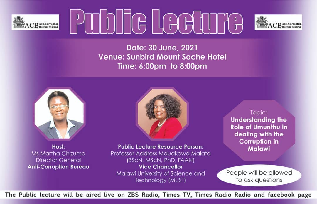 The levels of corruption in this country are staggering. We all have a moral obligation to save ourselves from the mess we have created. We all need to join hands. Join us your ACB engages the academia for this public lecture 'role of umunthu in corruption fight' on Wed evening!