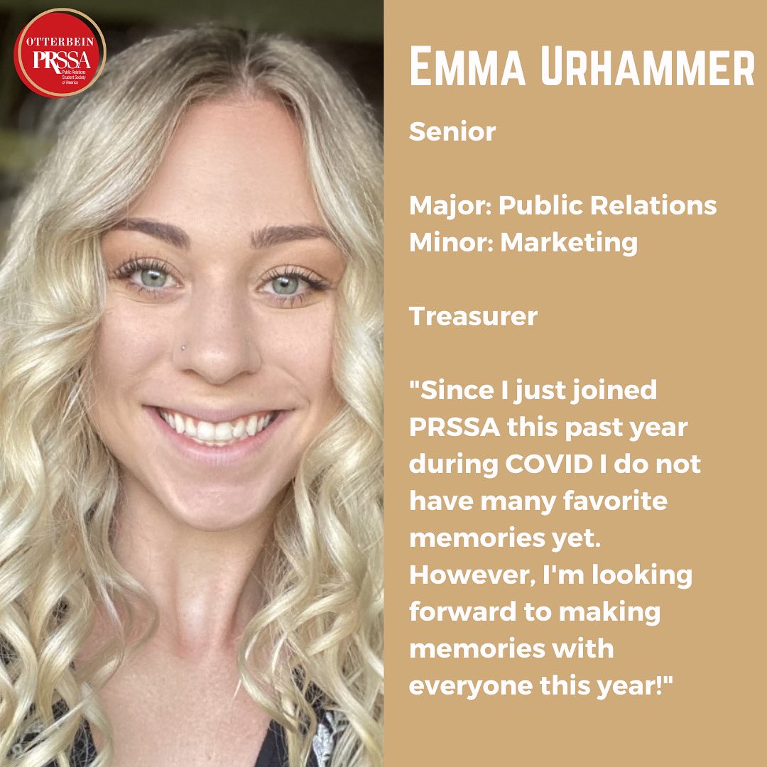 Introducing our 2021-2022 PRSSA Executive Board! 

Be sure to check back next week to hear from our final new board member. 

Today is our new Treasurer, Emma!