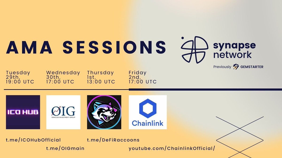 AMA WEEK🔥🔥🔥 The founders of #SynapseNetwork: Paweł Łaskarzewski and Michał Domarecki will be guests on AMA sessions this week. Follow our channels and join these events! <a href="/ICOHub_io/">ICO Hub</a> @OIGmain <a href="/DeFiRaccoons/">DeFi Raccoons</a>
<a href="/chainlink/">Chainlink</a> $SNP