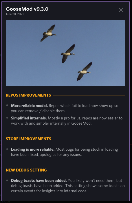 Goose_Mod's tweet photo. GooseMod v9.3.0 has been released! More of a minor update, featuring various improvements to repos and the Store. Changelog attached, have fun! https://t.co/fBG0iLXCyB
