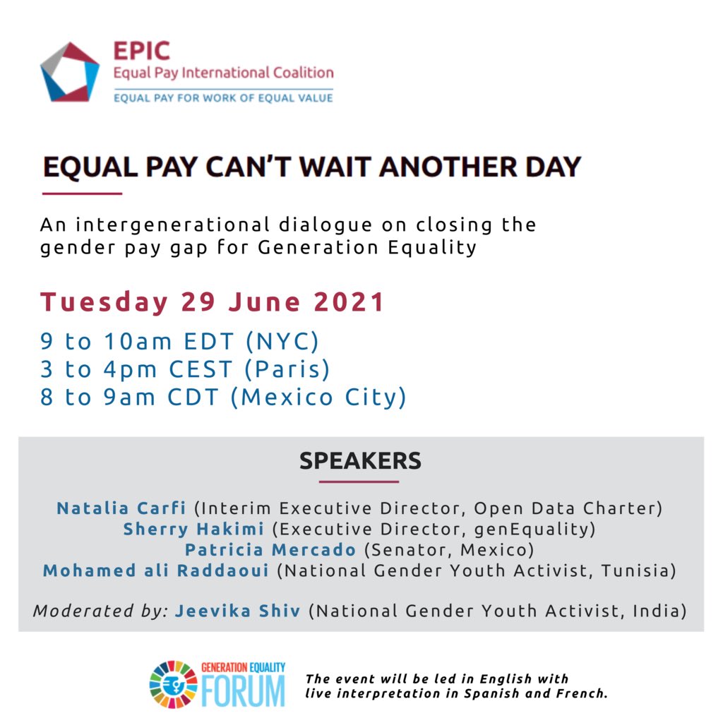 This week is the #GenerationEquality Forum in Paris — and tomorrow, our ED @SherryHakimi will join @EPIC2030 to speak about closing the gender wage gap 💸 and getting to #EqualPay. ⚖️

EPIC is an initiative of the @ILO and @UNWomen.

🔗: unwomen.zoom.us/webinar/regist…