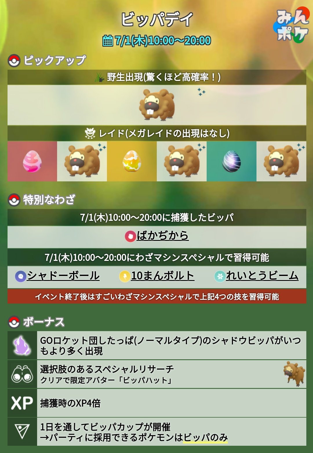 ポケモンgo攻略 みんポケ 予告のあったビッパ大発生の追加情報として ビッパデイ が発表されました 開催日時 7 1 木 10 00 00 開催内容 野生 レイドでビッパが大量発生 捕獲したビッパがばかぢからを覚えている ビッパカップが開催 選択肢の