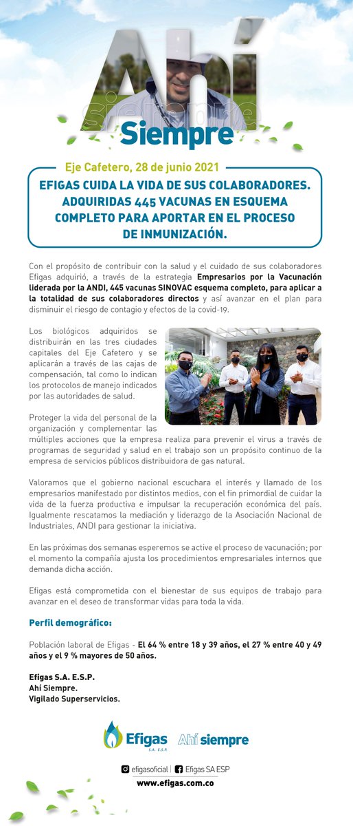efigas_oficial's tweet photo. 🚨 Seguimos contribuyendo al cuidado de la salud de nuestros colaboradores, es por esto que adquirimos 445 vacunas 💙 para continuar cumpliendo nuestro propósito de ser #sostenibles.
Conoce más aquí:https://t.co/YZ5JrsFJnT
#Caldas #Risaralda #Quindío #Vacunas #MeCuidoParaCuidar https://t.co/hpXt4JlUrj