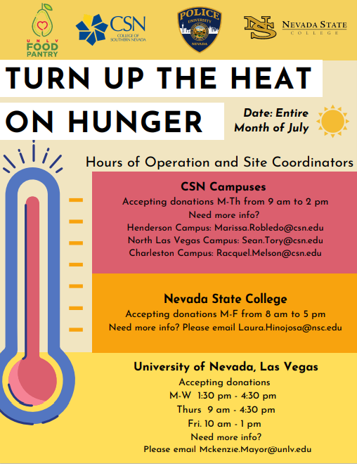 NSHE's tweet photo. In July, let's help the Turn Up the Heat on Hunger Drive! @CSNCampusLife, NSC Care Corner, @UNLVPantry and @UPDSouth will host a Southern NSHE Donation Drive in hopes of restocking our Student Pantries. An Amazon Wishlist of needed items is live - https://t.co/w4HNx8Ug37 https://t.co/1vqWzFbErq