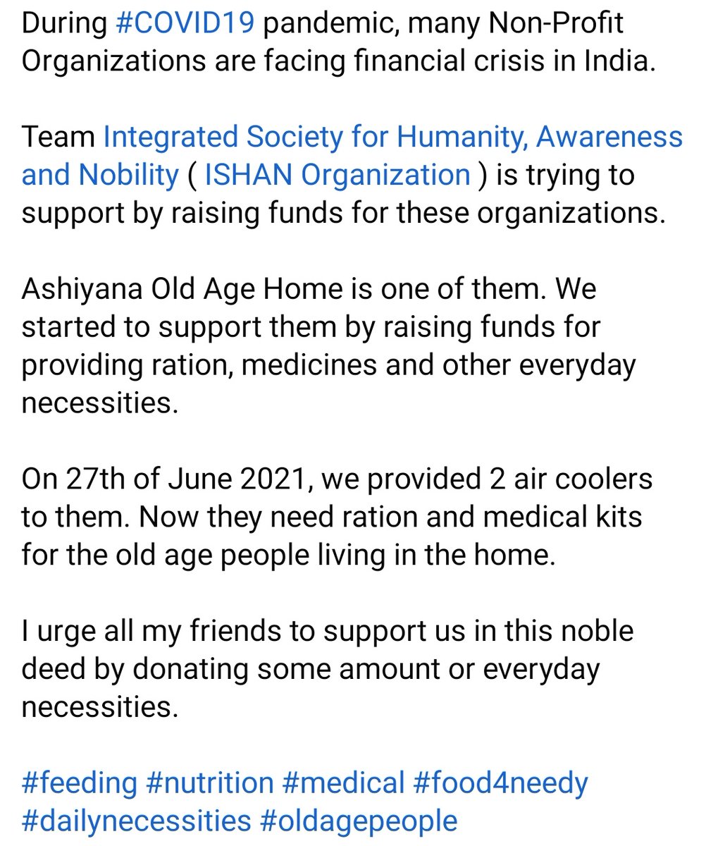 Ishanorg's tweet photo. During #COVID19 pandemic, many NGOs are facing financial crisis.
We started to support an old age home in Delhi by raising funds for providing ration, medicines &amp; other everyday necessities. 
On 27/06/2021, we provided 2 air coolers to them. Now they need ration and medical kits. https://t.co/wOGZixCFh0