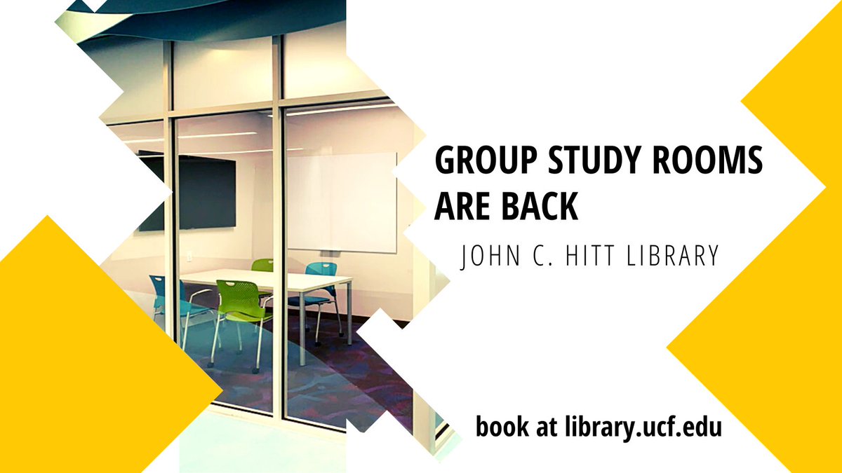 UCFLibrary's tweet photo. The John C. Hitt Study Rooms on the 1st and 4th floors are back for group use by UCF students, faculty and staff. Check study room availability, capacity, and book one at https://t.co/Yb8PliM8CB #UCFLibraries https://t.co/RCeHDVTae0