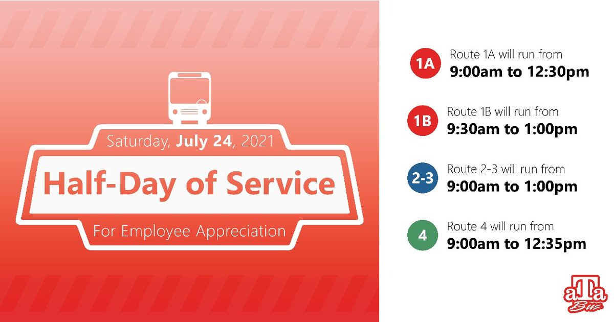 Our ATA Bus employees have been working tirelessly and we want to give them a little break to have some summer fun! On Sat, July 24, we will have a half-day of service. Routes will begin service as usual in Manhattan at 9:00am and will wrap up around 1:00pm

Call us if you have❓