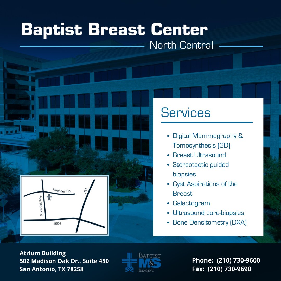 BaptistMS's tweet photo. Baptist Breast Center North Central provides exceptional radiology including: Breast MRI &amp; Ultrasound, Digital &amp; 3D Mammography, Cyst Aspirations, Galactograms, Stereotactic &amp; Ultrasound Core-Biopsies &amp; Bone Densitometry.
#SATX #SanAntonio #NewBraunfels #Schertz #WomensHealth https://t.co/QbVqhWoxEk