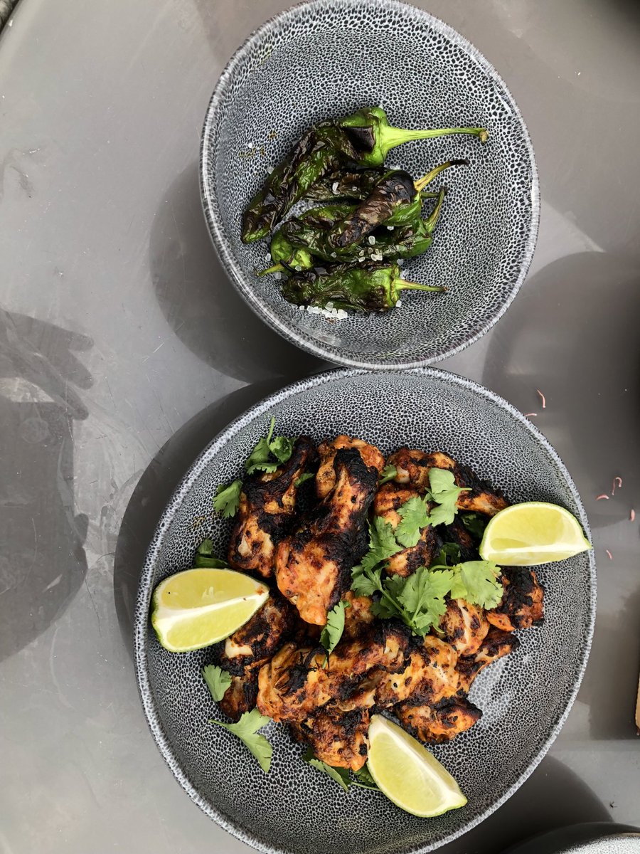 Rustyballs7's tweet image. BBQ chicken chaat with some Padron peppers!