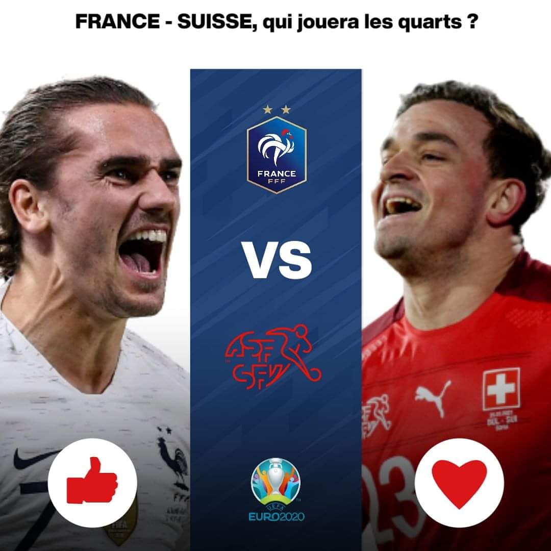 ASBombardiere's tweet photo. [FRANCE / SUISSE] 🔵⚪️🔴

�� Qui jouera les quarts ? 

👍 = 🇫🇷

❤️ = 🇨🇭

#FiersdetreBleus #FRASUI https://t.co/UqM6Q42BCL