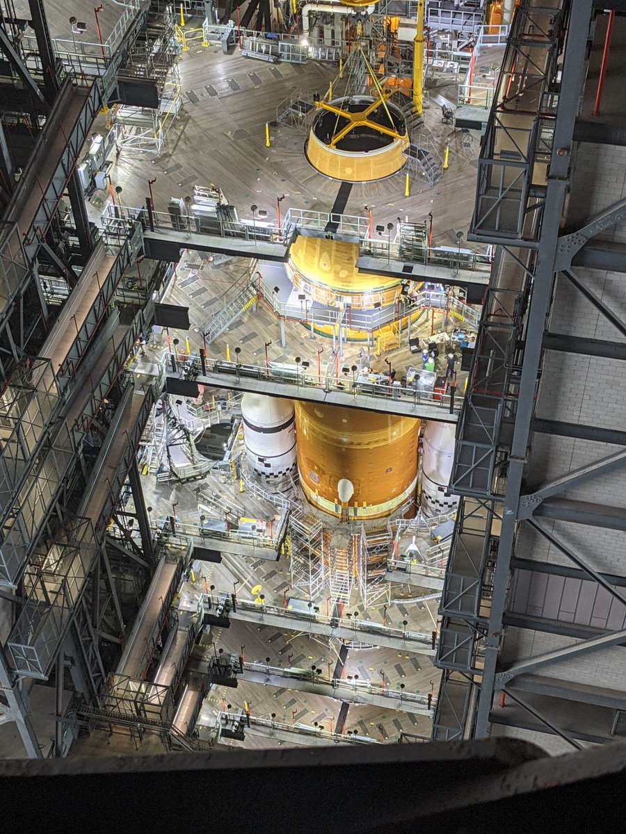 Check out this very high-angle photo of <a href="/NASA_SLS/">ARCHIVED: NASA_SLS</a> after the launch vehicle stage adapter (LVSA) stacking in High Bay 3 of the Vehicle Assembly Building at <a href="/NASAKennedy/">NASA's Kennedy Space Center</a>. #Artemis