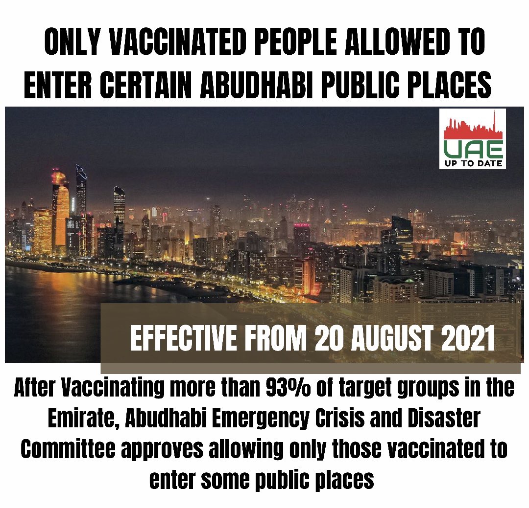 uaeuptodate's tweet image. #COVID19 : Abu Dhabi to allow only vaccinated people at public places.

The decision does not apply to those with a vaccination exemption registered on the Al Hosn app, nor to children aged 15 and under.
#abudhabi #EntryRules #covid19 #vaccinated #uae #uaeuptodate