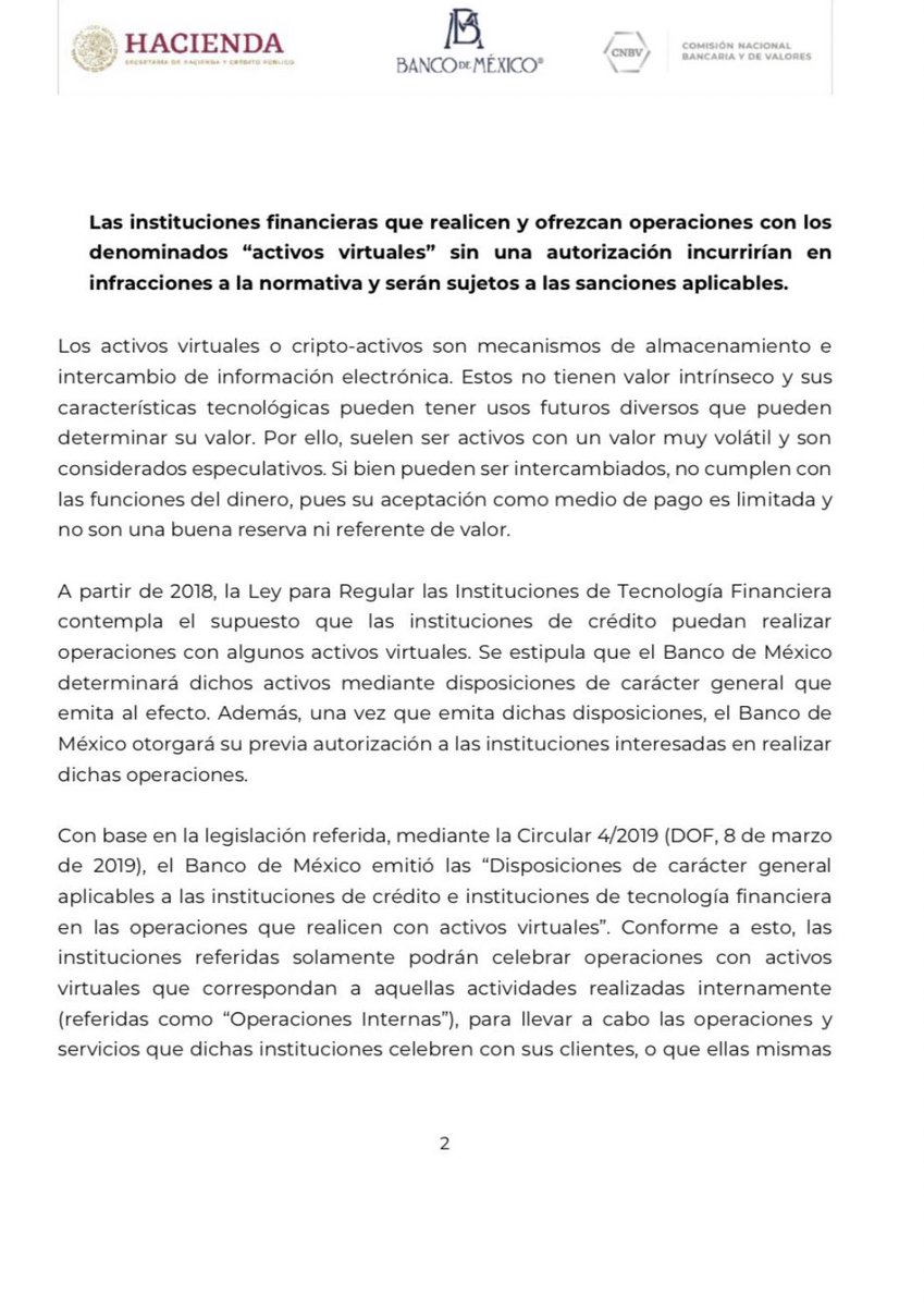 En los últimos días ha habido mucho interés en torno a las #criptomonedas. 

En este comunicado <a href="/Hacienda_Mexico/">Hacienda</a>, <a href="/Banxico/">Banco de México</a> y <a href="/cnbvmx/">CNBV</a> refrendamos la posición institucional sobre esto.