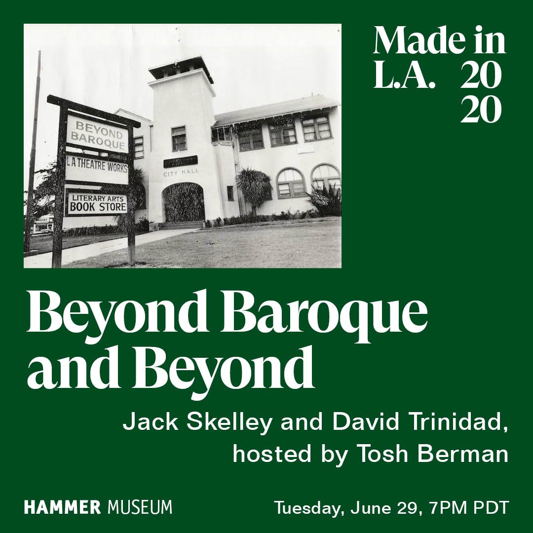JackSkelley's tweet photo. Tuesday: Hammer Museum gets Tosh Berman to interview me and David Trinidad on the ultra-lit #BeyondBaroque scene. Then &amp; now. Plus rare footage with #AmyGerstler , #ShereeRose , #EileenMyles . https://t.co/GtnCDWf3Tu {Part of #SabrinaTarasoff 's sick "Beyond Baroque." show} https://t.co/l7DNdhEmAi
