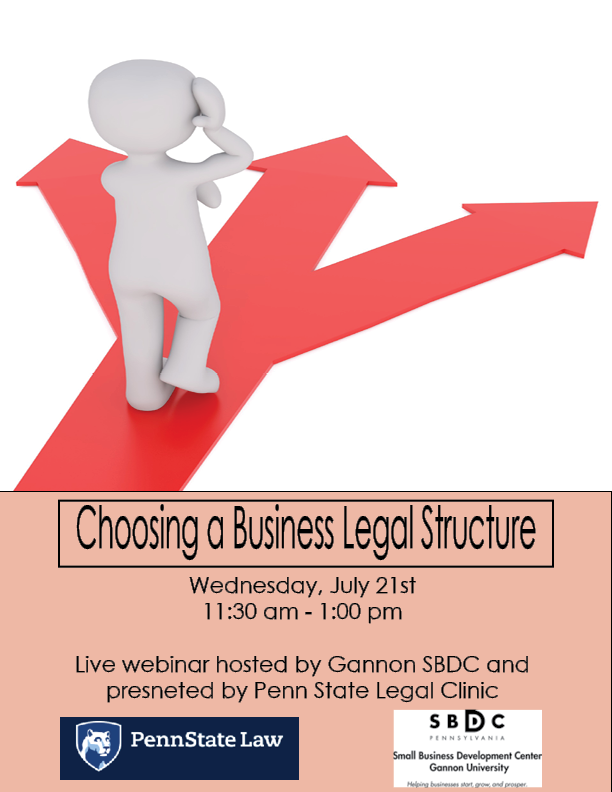 Choosing the legal structure that best suits you and your business is vital. Join Vivan Etter, Attorney from Penn State Legal Clinic for a “Choosing a Business Legal Structure” webinar.

🗓️Wednesday, July 21st: 11:30 am – 1:00 pm
bit.ly/3jl5ANR