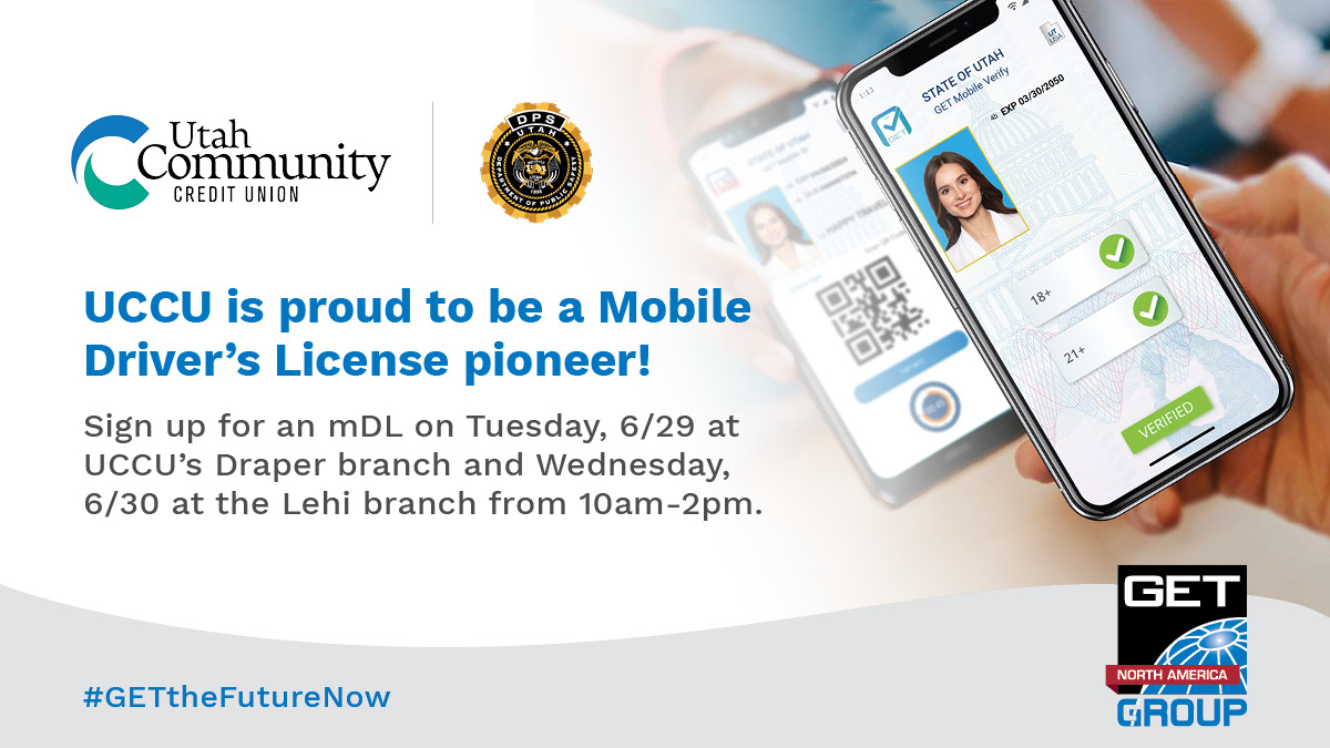 GETGroupNA's tweet photo. We’re excited for the first Utah citizens to get their #mobileIDs this week! The @utahdld & @GETGroupNA will be provisioning mDLs at select Utah Community Credit Unions (@uccufans) – the state’s 1st mDL verifier -- tomorrow and Wednesday. Come see us! #GETtheFutureNow https://t.co/TiehO7LtrA