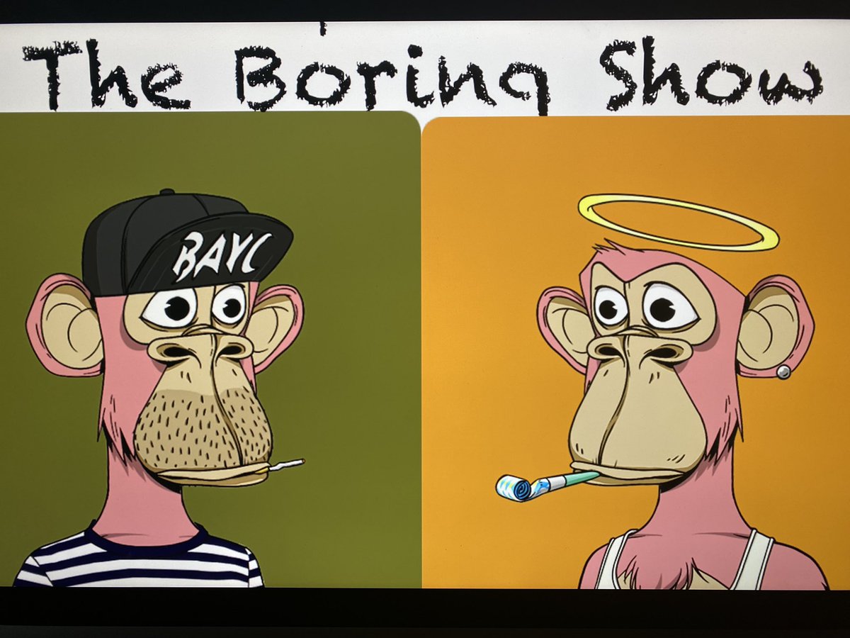 Episode 5 of @the_boringshow will premiere today at 1pm pst on theboringshow.io 

Make sure to check out Ape Pinkerton’s (@phibacka31) appearance because he surprised us  and became our first ever musical guest! It was awesome! 

#BoredApeYachtClub #BAYC #theboringshow