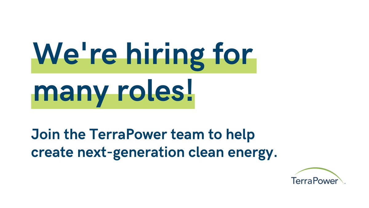 TerraPower's tweet photo. ⭐ TerraPower is #hiring for many roles! ⭐
📌 Lead Test Engineer
📌 Analytical Radiochemist
📌 Principal Safety Analysis Engineer - MCFR
📌 Process Engineer, Fuel Design
📌 Project Scheduler
Apply now: https://t.co/OqyLX4Bsql
#NuclearJobs #CleanEnergyJobs #WAJob https://t.co/GTkfxIGXII
