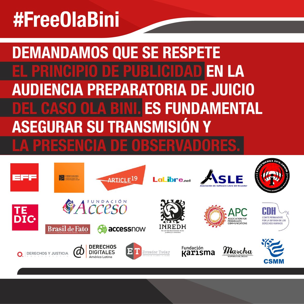 Fundación Acceso (@fundacionacceso) on Twitter photo Mañana, 29 de junio, se realizará la audiencia preparatoria de juicio del caso <a href="/olabini/">Ola Bini - (@ola@infosec.exchange)</a>. También en esta ocasión nos sumamos a la observación junto con diferentes organizaciones regionales e internacionales. #FreeOlaBini Mañana, 29 de junio, se realizará la audiencia preparatoria de juicio del caso <a href="/olabini/">Ola Bini - (@ola@infosec.exchange)</a>. También en esta ocasión nos sumamos a la observación junto con diferentes organizaciones regionales e internacionales. #FreeOlaBini