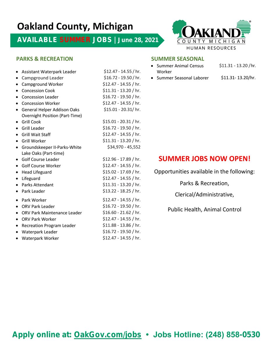 OakGov's tweet photo. We’re #hiring! See the #OaklandCounty #jobs Flyer for the latest full-time, part-time, and #SummerJob opportunities.

Apply online today at: https://t.co/VaIVaFwVpC or call 248-858-0530 for more information. https://t.co/xBStBu8ZJX