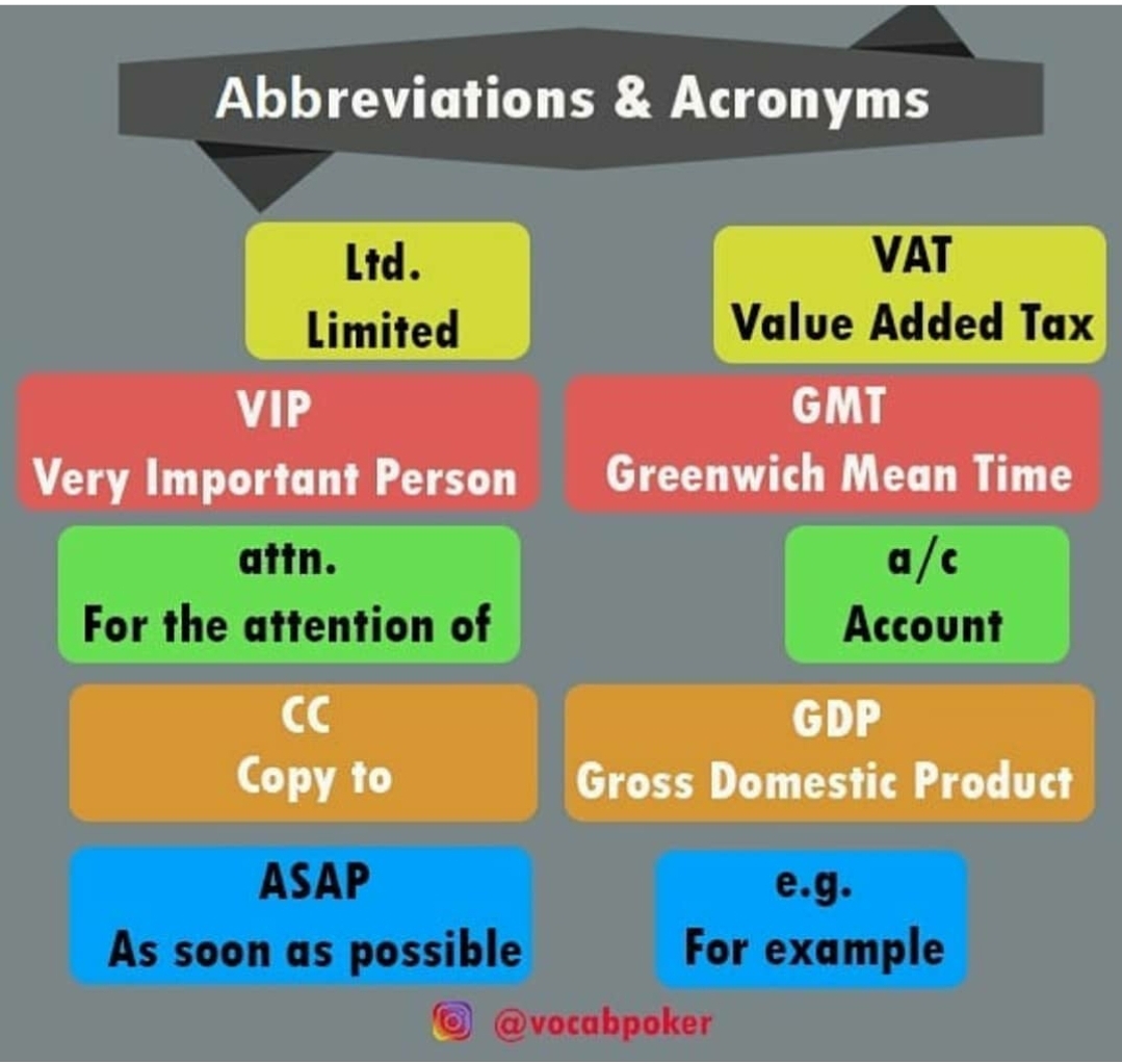 vocabpoker's tweet photo. Abbreviation and Acronyms
#vocabpoker

#vocabulary #vocab #advancedenglish #eslteacher #studyenglish #englishfluency #improveenglish #reading #fluentenglish #tefl #angielski #easyenglish #esl #learnenglish_easily #ielts_tips #ielts_exam #ingl  #phrasalverbs #verbs #grammar_tips https://t.co/C7aMSjBHhJ