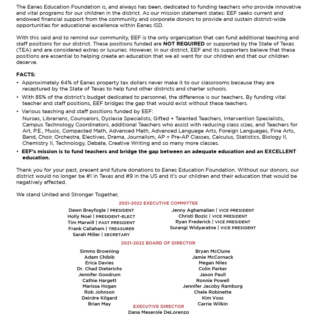 WeFundTeachers's tweet photo. A Statement from the Eanes Education Foundation Board of Directors.
#WeFundTeachers #StrongerTogether

@eanesisd @whs_chaps @hcms_principal @wrmswildcats @bcebluejays @bpebobcats @cceeagles @eemustangs @ftefalcons @vvecardinals https://t.co/3vXnQo5M9A