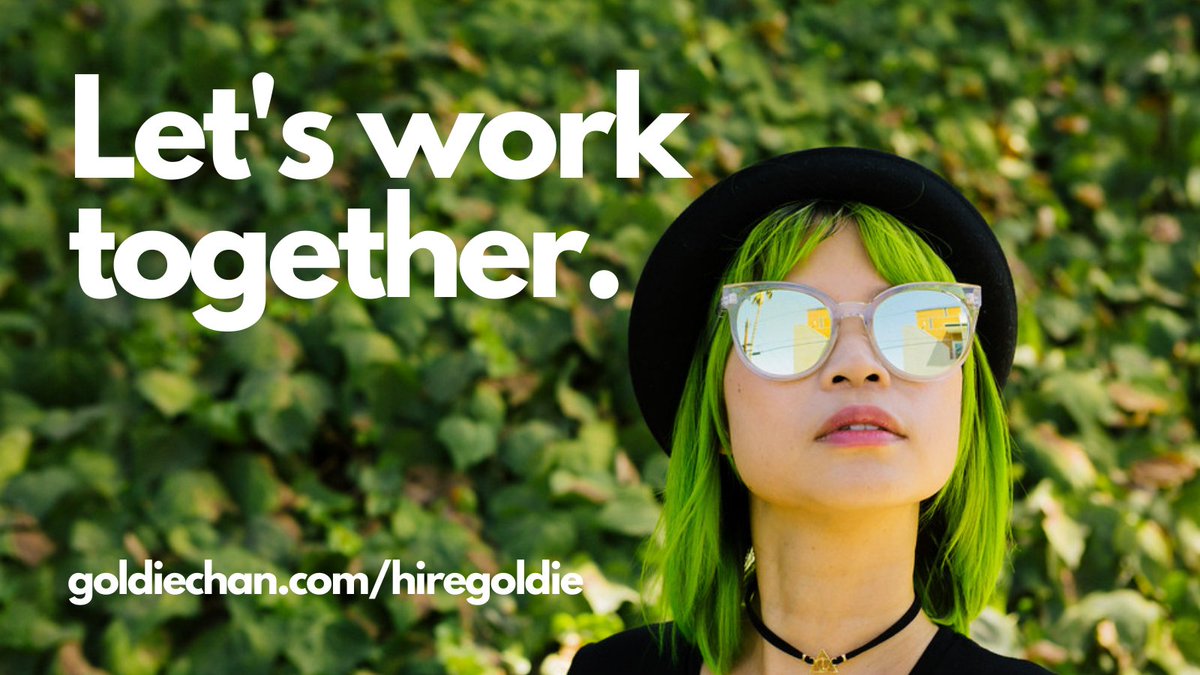 let's work together picture of goldie in greenery with url goldiechan.com/hiregoldie