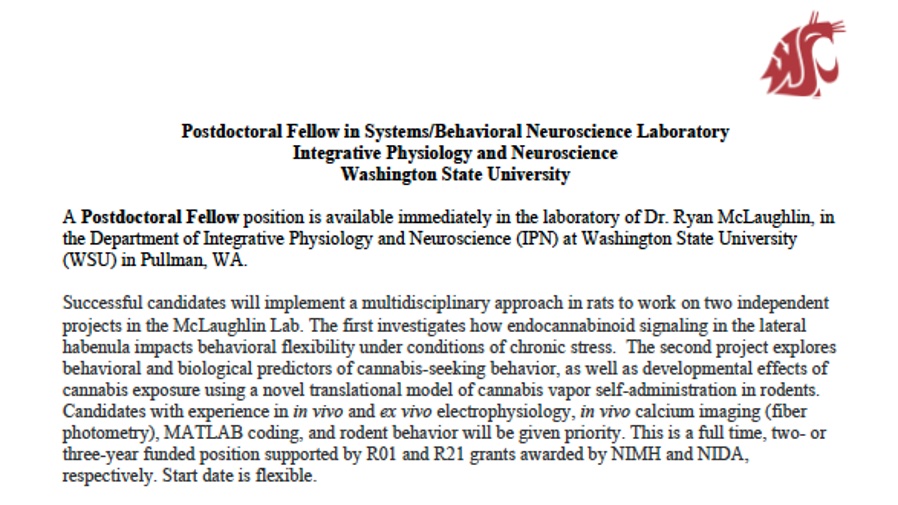 The McLaughlin Lab <a href="/WSUPullman/">WSU Pullman</a> is hiring! We are looking to hire a postdoc with experience in slice ephys and/or in vivo recording approaches (multiunit ephys or fiber photometry) to work on NIH-funded projects that examine effects of cannabinoids on stress-related behavior🐭🌿💨