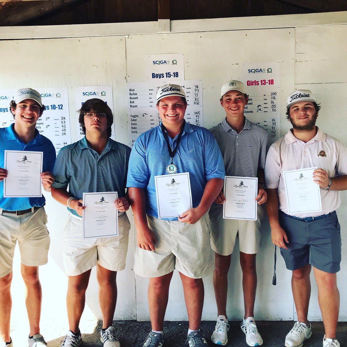 SCJGAGreenville's tweet photo. Congratulations to Ladson Hill for his victory in the Boys 15-18 division at #legacypinesgolfclub. Ladson defeated Henry Hall on the 2nd hole of a sudden death playoff. SD League and Henry White t-3 with 74s. Great job guys! Well played! #golf #juniorgolf #scjgagreenville #scjga https://t.co/mzunWP8pVP