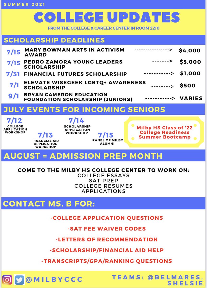 Milby HS College Center (@milbyccc) on Twitter photo ☀️Happy Monday, Buffs☀️
Ready to kick off July? 
Here is what the next month will look like with Ms. B! 🗓✏️✏️
📲📲Screenshot & keep this flyer handy, remember I'm always a message away!
(Teams @ Belmares, Shelsie) 
<a href="/Milby_HS/">Charles Milby High School</a> <a href="/MilbyCo2022/">Milby Class of 2022</a> ☀️Happy Monday, Buffs☀️
Ready to kick off July? 
Here is what the next month will look like with Ms. B! 🗓✏️✏️
📲📲Screenshot & keep this flyer handy, remember I'm always a message away!
(Teams @ Belmares, Shelsie) 
<a href="/Milby_HS/">Charles Milby High School</a> <a href="/MilbyCo2022/">Milby Class of 2022</a>