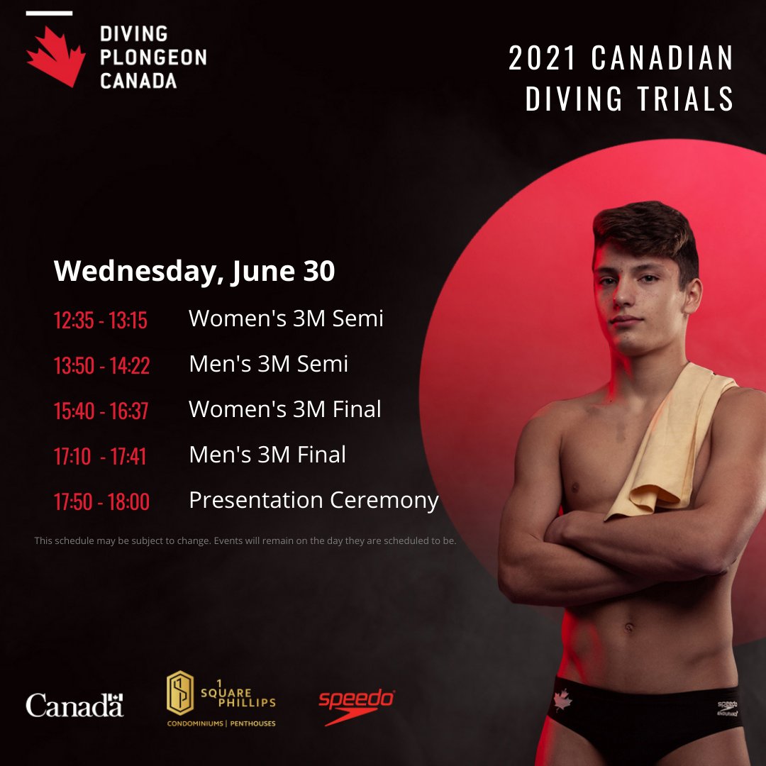 DivingCanada's tweet image. Welcome to Canada’s 2021 Diving Trials! 
You can find schedules, live results, final results and live broadcasting here:
diving.ca/2021-canadian-……
cbc.ca/player/sports/……
ici.radio-canada.ca/sports/horaire……
@Speedo @CBC @CBCOlympics @iciradiocanada @RDSca