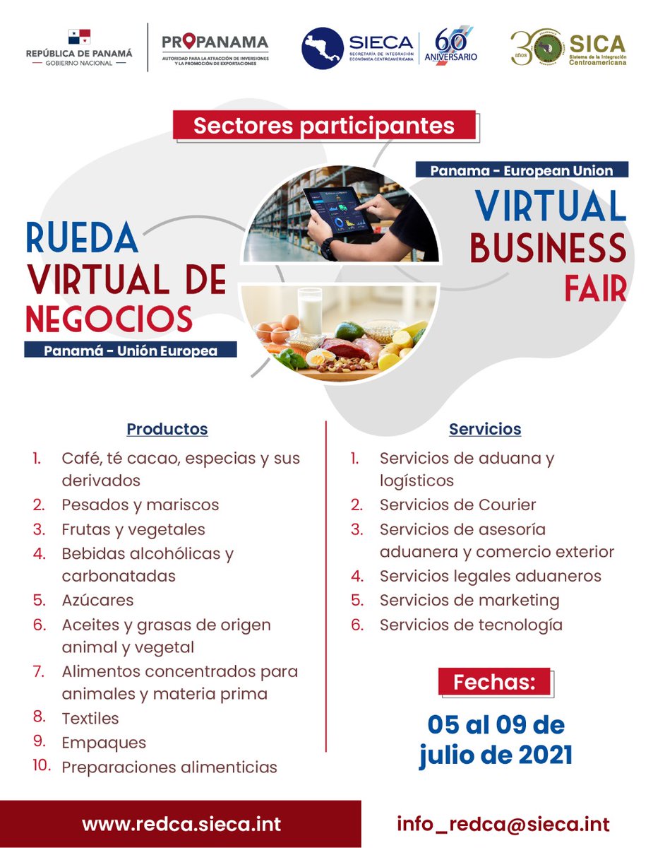 [RUEDA DE NEGOCIOS]
Apoyamos la rueda de negocios del SIECA (Secretaría de Integración Económica Centroamericana) entre Panamá – Unión Europea que se realizará del 5 al 9 de julio 👉✉️ redca@sieca.int