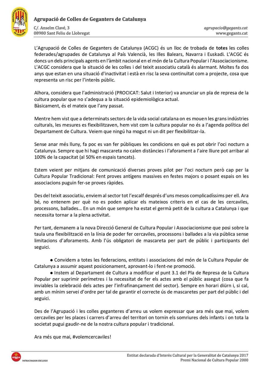 geganterscat's tweet photo. ▪ Manifest ▪

Des de l'Agrupació de Colles de Geganteres de Catalunya volem reivindicar que #VolemCercaviles https://t.co/jUWvn90ldI