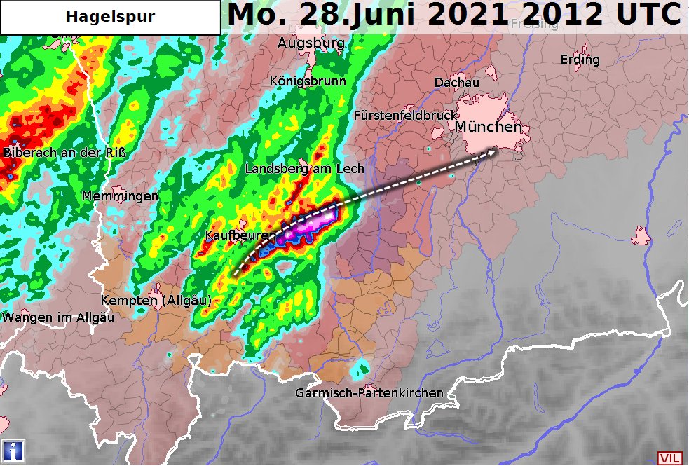 Kräftige #Superzelle in Bayern mit großem #Hagel, orkanartigen Böen und heftigem #Starkregen. Zugrichtung aktuell knapp südlich von #München. #Unwetter /V