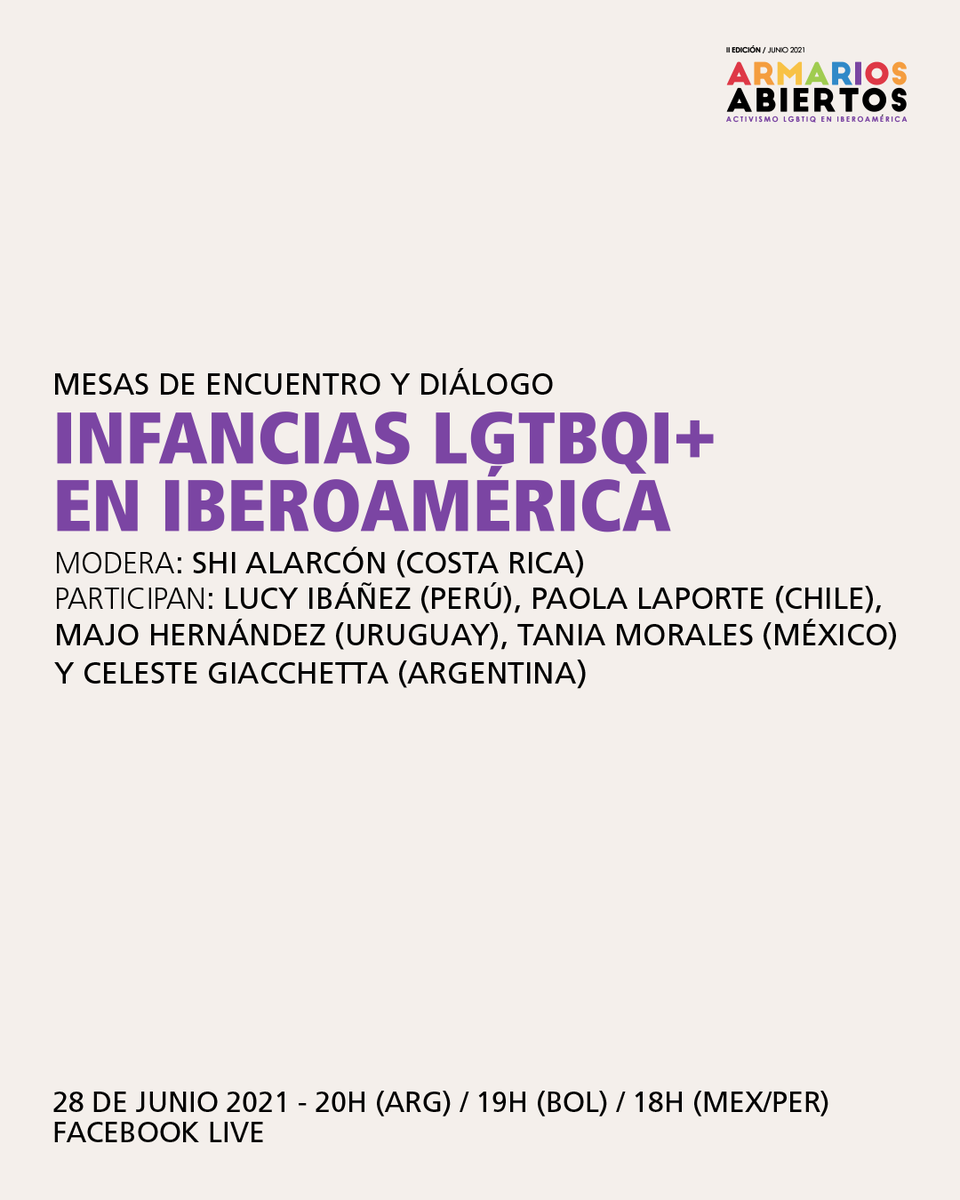 🏳️‍🌈Hoy a las 20h, en la primera mesa de diálogo de #ArmariosAbiertos, hablaremos sobre infancias #LGBTIQ+ en Iberoamérica.

Puedes seguir la charla en directo a través de Facebook  
➡️ facebook.com/cceba.ar