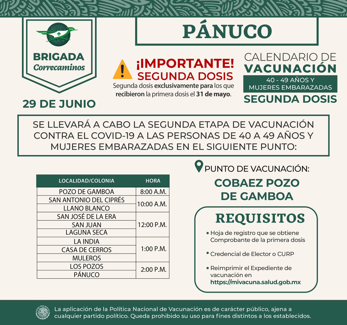 gobiernozac's tweet photo. 💉 | La @DPDZac comparte el listado de aplicación de segunda dosis para adultos de 40 a 49 años en #GenaroCodina, #MezquitaldelOro, #Moyahua, #Atolinga, #BenitoJuárez, #SantaMaríadelaPaz, #Tepechitlán, #Morelos y #Pánuco este 29 de junio.

➡️Consúltalo en: https://t.co/M9CV1Hsi0E https://t.co/7a9phCHvDE