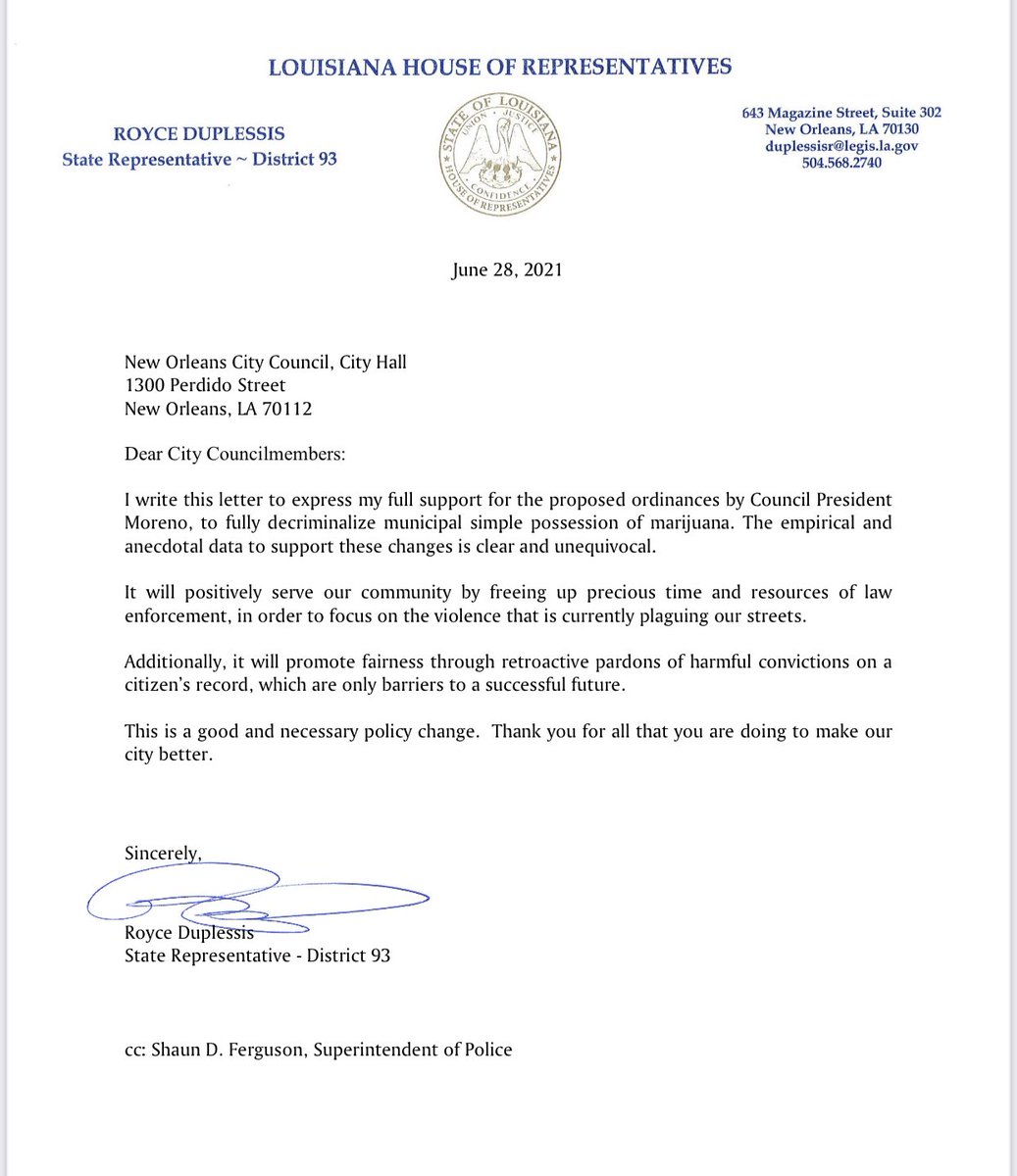 Thank you <a href="/RoyceDuplessis/">Royce Duplessis</a> for supporting our fight to fully end criminalization of misdemeanor possession of cannabis in #nola! The legislation goes before the <a href="/NOLACityCouncil/">New Orleans City Council</a> Criminal Justice Committee Tuesday at 2pm!